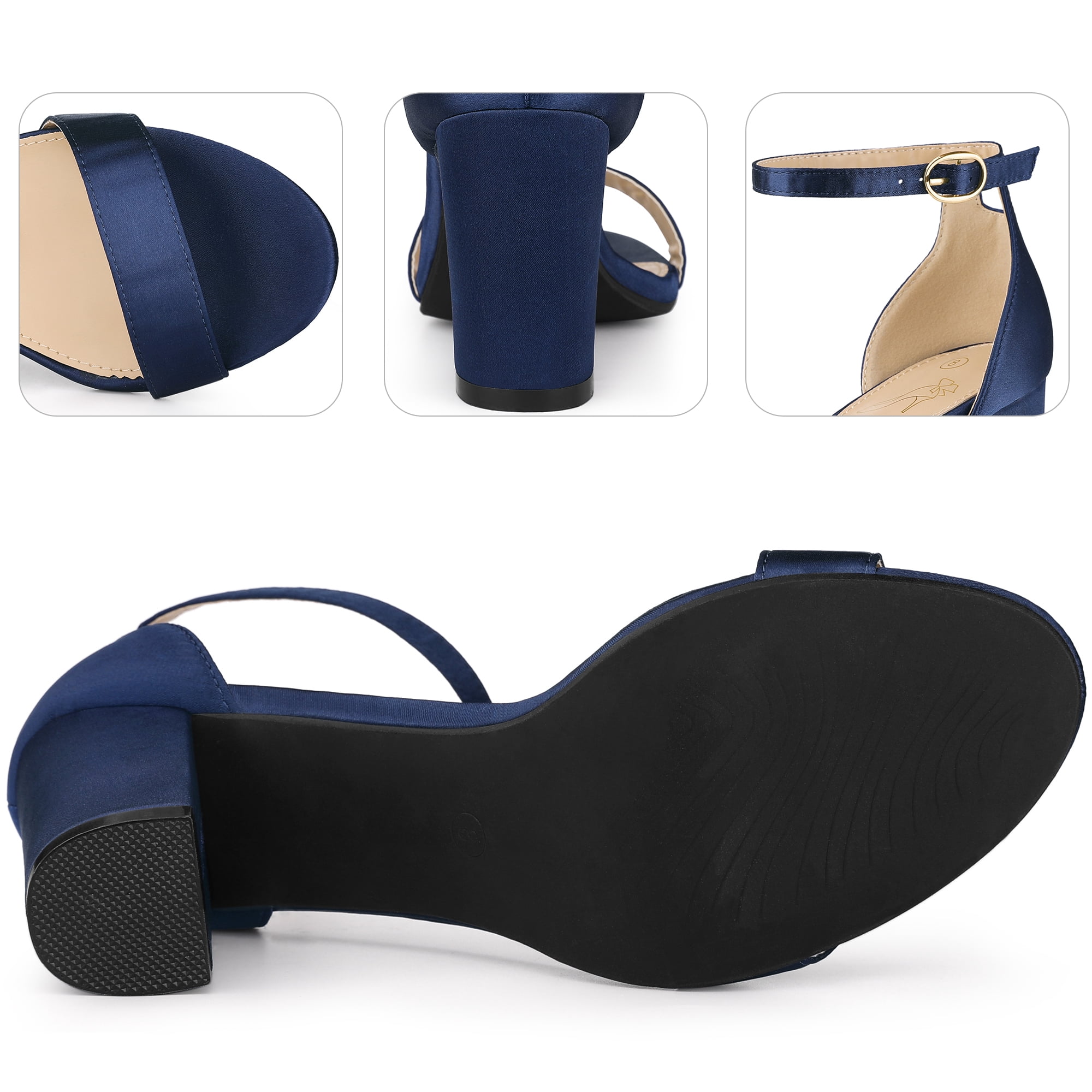 Unique Bargains Women's Open Toe High Heel Ankle Strap Satin Block Heels Sandals Navy Blue 9.5