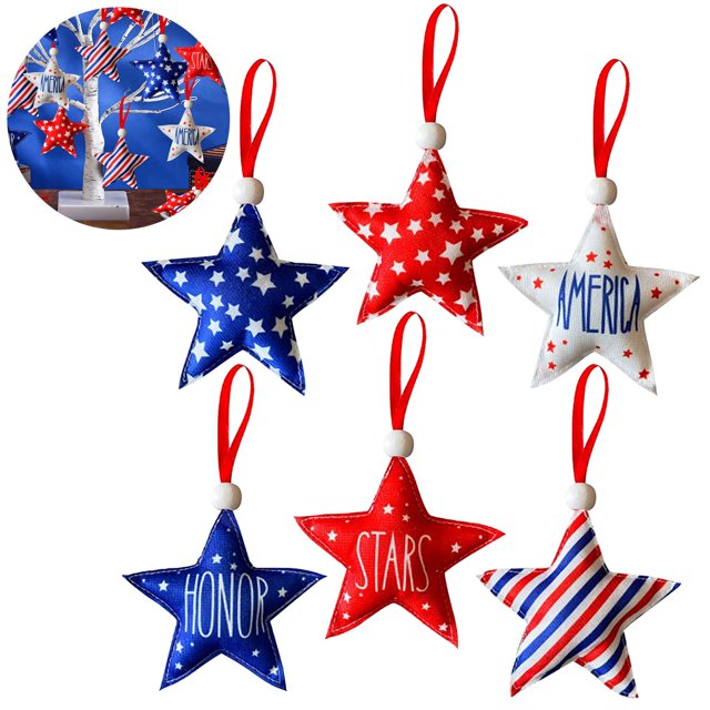 Cqxid Ballon de Fête à Moins de 10$ pour Événement et Fête "Ensemble de Décoration en Forme d'Étoile pour la Fête de l'Indépendance 6 Pcs en Tissu Patriotique avec Rubans Rouges Idéal pour la Maison et la Décoration d'Arbre du 4 Juillet"
