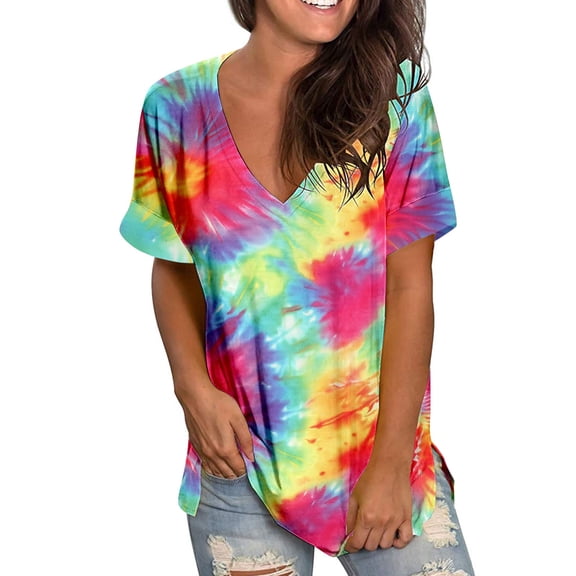 Womens Tees Short Sleeve V-Neck Basic Y2K Vacation T Shirts Oversized Tie Dye Print Summer Tops Fashion 2026