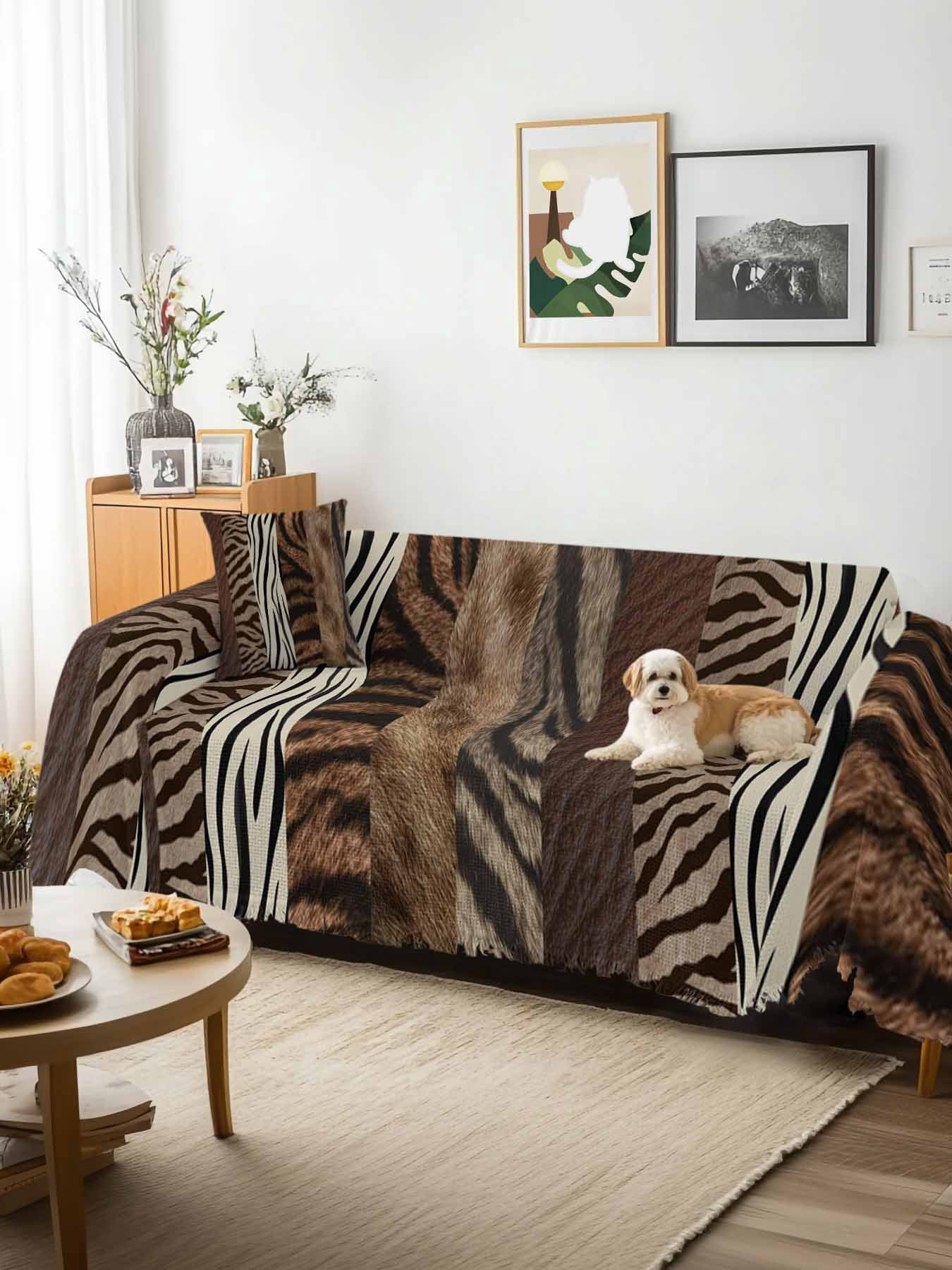 Animals Printed Striped Couch Cover, Rustic Country Zebra Textured Oversized Sofa Cover Blanket for 3 Cushion Couch, Sectional Sofa Slipcover Furniture Protector for Living Room Bedroom 71''x150''