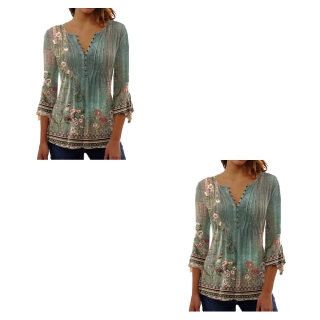 Minnieouse Tops de manga 3/4 Camiseta oscilante Túnica de verano Playa plisada lavable Verde XXL 2piezas