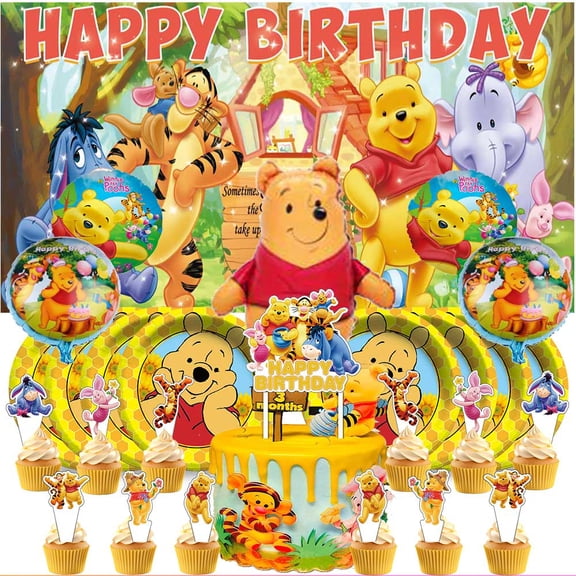 Winnie the Pooh Party Supplies Decor Tableware Backdrop Banner Cake Topper Balloons Birthday Decorations