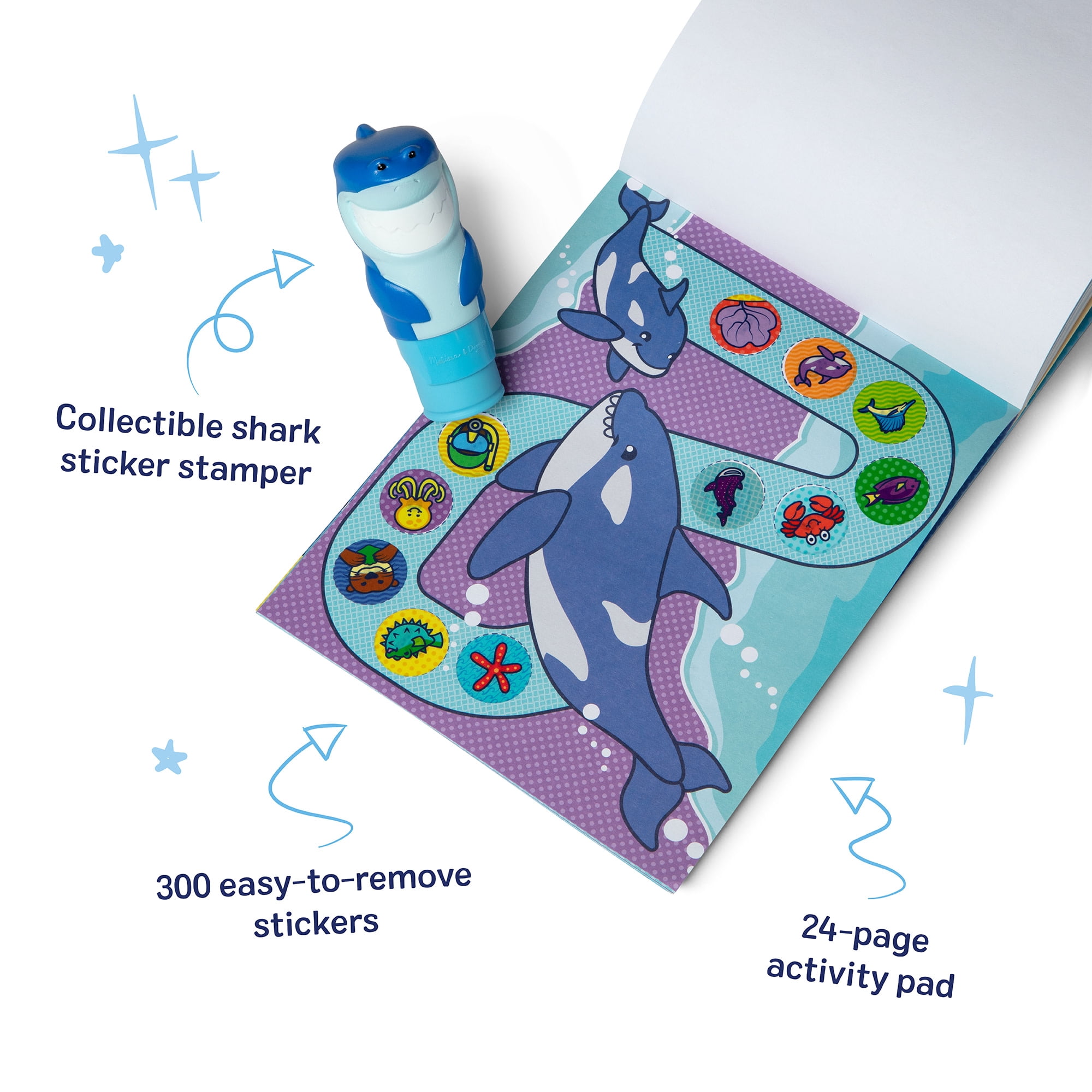 Melissa & Doug Sticker WOW!™ 24-Page Activity Pad and Sticker Stamper, 300 Stickers, Arts and Crafts Fidget Toy Collectible Character – Shark