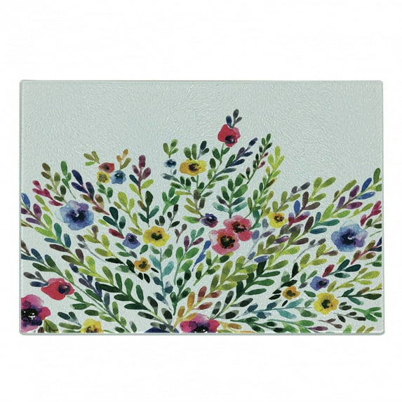 Botanical Cutting Board, Romantic Bouquet of Watercolor Style Flowers Burgeoning Nature Theme, Decorative Tempered Glass Cutting and Serving Board, Small Size, Multicolor, by Ambesonne