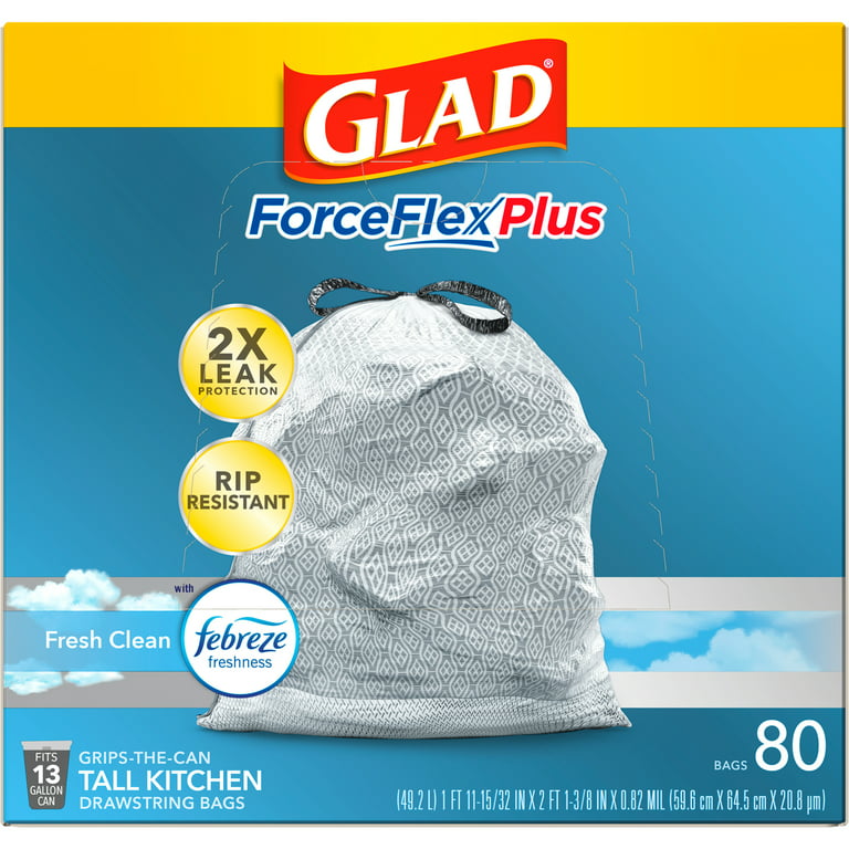 Glad ForceFlexPlus Tall Kitchen Trash Bags, 13 Gallon, 80 Bags (Fresh Clean Scent, Febreze Freshness)
