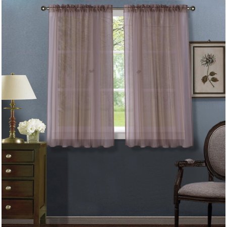 45 Inch Sheer Curtains 2pc Taupe Solid Sheer Voile Window Curtain Set, Two (2) Rod Pocket Panels 55