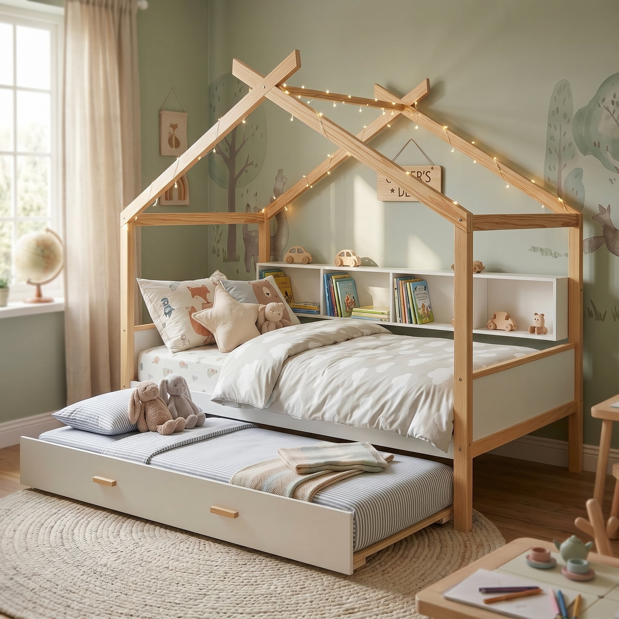 Euroco Wood Twin Size House Bed with Bookcase and Trundle Bed, White