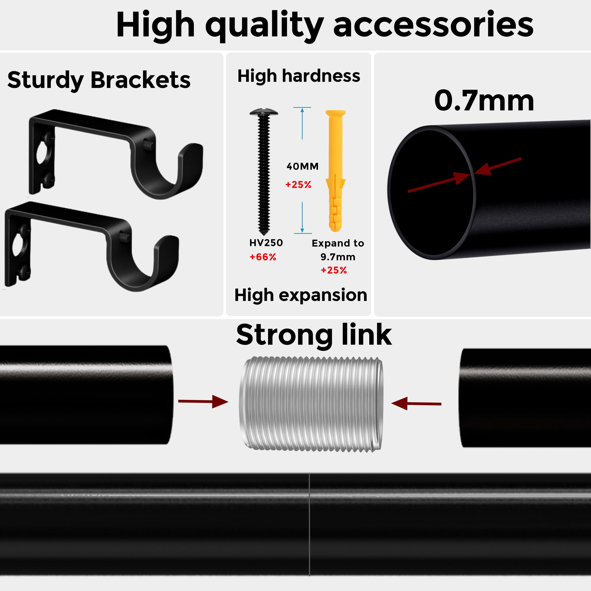 Titanock Black Curtain Rod 17 to 128 inch for Window 120 inch, Adjustable Heavy Duty Thick Matte Black Modern 10 ft