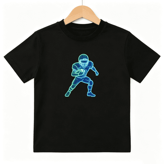 Neon Football Player Runs Boys Graphic Tee, Cool Glow Sports Gym 100% Cotton Kids Short Sleeve T-Shirt 4-13Y