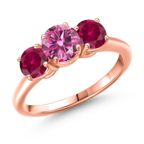 Gem Stone King 18K Rose Gold Plated Silver Pink Moissanite and Red Created Ruby Engagement Ring for Women | 2.00 Cttw | Round 6MM | Gemstone Birthstone | Size 7