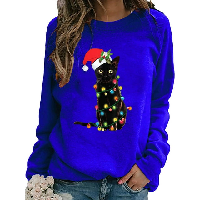 Innerwin Chandails de Noël Manches Longues Femmes Chandail de Noël Fête Col Rond Chandail Amusant Bleu m