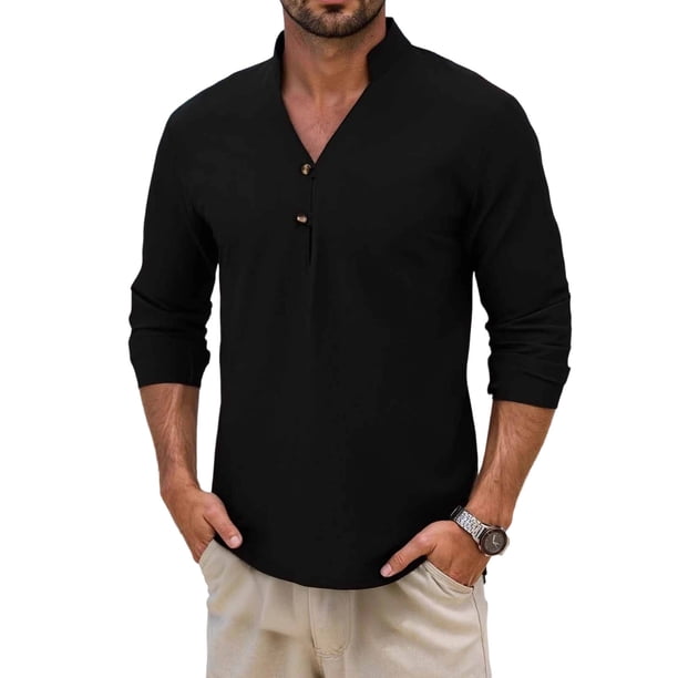 Camisas de los Hombres de Manga Larga Casual Color Sólido Solapa Mezcla de Lino, Suéter de Mitad de Cremallera para el Ocio Diario Al Aire Libre