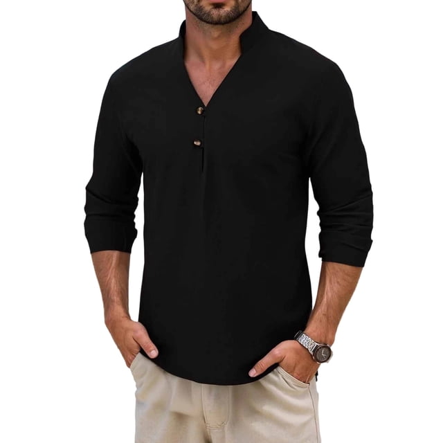 Camisas de los Hombres de Manga Larga Casual Color Sólido Solapa Mezcla de Lino, Suéter de Mitad de Cremallera para el Ocio Diario Al Aire Libre