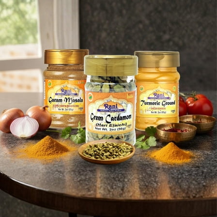 Rani Garam Masala 3oz (85g), Green Cardamom Pods 2oz (56g),Turmeric Powder 3oz (85g) PET Jar Combo Pack of 3 ~ All Natural | 100% Pure, Salt Free | Vegan | Gluten Friendly | NON-GMO | Indian Origin