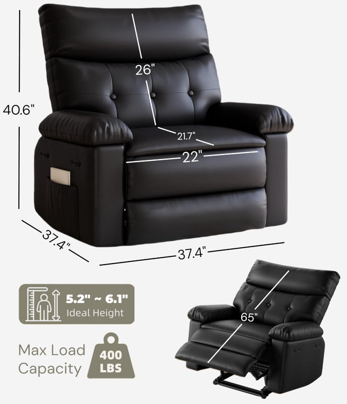 TROPOW Oversized PU Leather Recliner Chair, Extra Wide Manual Recliner for Adults, Lazy Chair Single Sofa with 1.5X Sponge Comfort Arm, Thick Cushion and Back, for Living Room, Bedroom