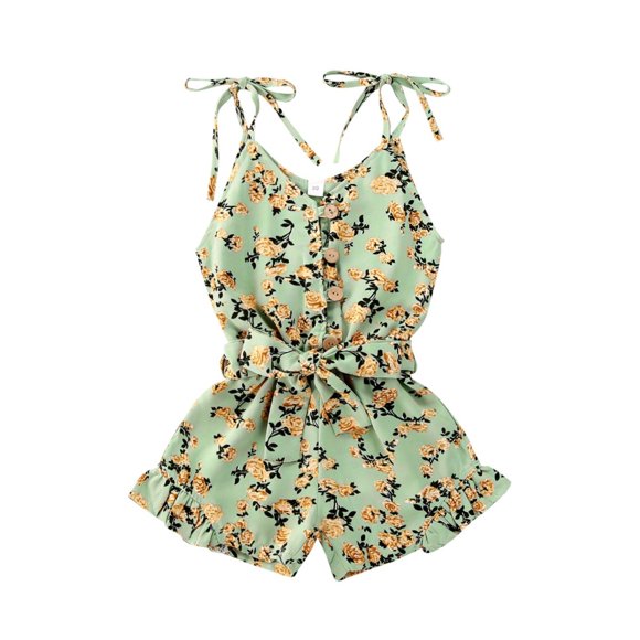 Robe Barboteuse Sans Manches à Col en V à Fleurs à Nouer pour Nouveau-Née Fille, Âge pour 1-6 Ans