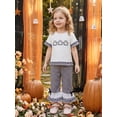 thumbnail image 4 of BemeyourBBs Toddler Baby Girls Halloween Thanksgiving Outfits Infant Baby Girl Summer Fall Clothes Cute Pumpkin Embroidery Ruffled Short Sleeve T Shirt Tops and Flared Pants Set, 4 of 9