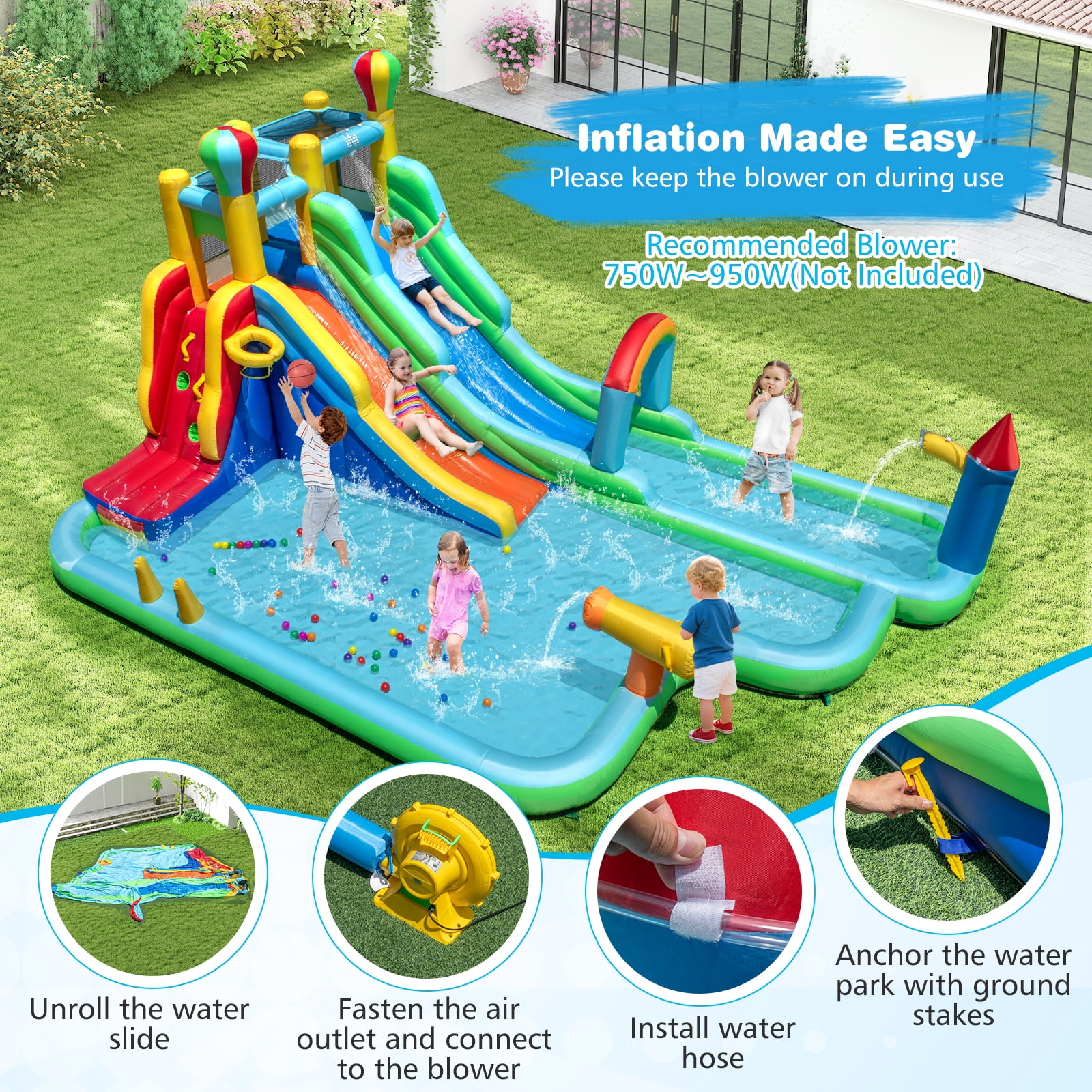 Gymax Inflatable Water Park w/Climbing Wall Basketball Rim Splash Pool Blower Excluded