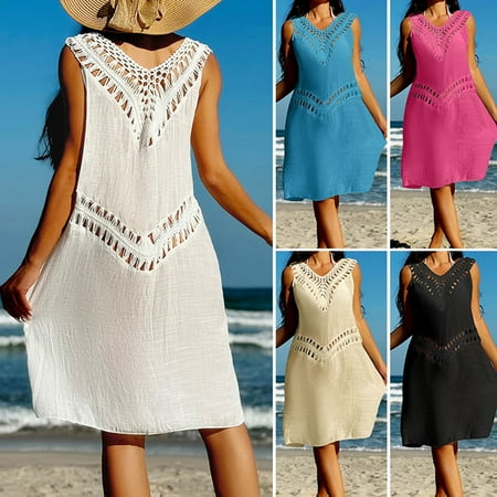 ZZwxWA Swimsuit Coverup for Women Sexy Hollow Out Beach Dress Cover Up Casual Loose Linen Bikini Cover Up Tank Dress