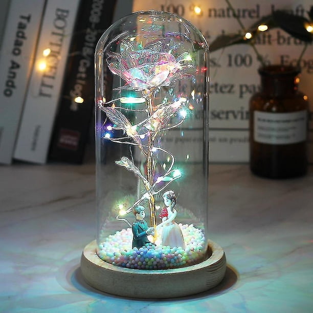 Led encantado Galaxy Rose eterna flor de lámina de oro de 24k con luces de cadena de hadas en cúpula para regalo de Navidad y San Valentín