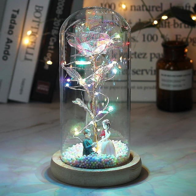 Led encantado Galaxy Rose eterna flor de lámina de oro de 24k con luces de cadena de hadas en cúpula para regalo de Navidad y San Valentín
