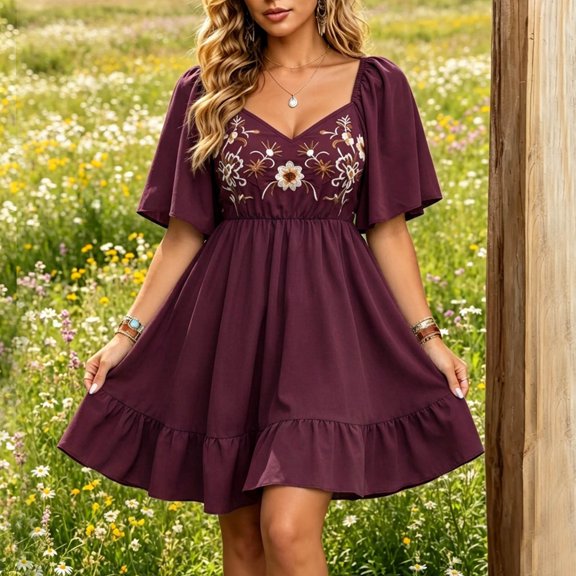 IUYRTFE Women's Flutter Sleeve Embroidered Mini Dress V Neck Tiered Ruffle Summer Casual A Line Dress