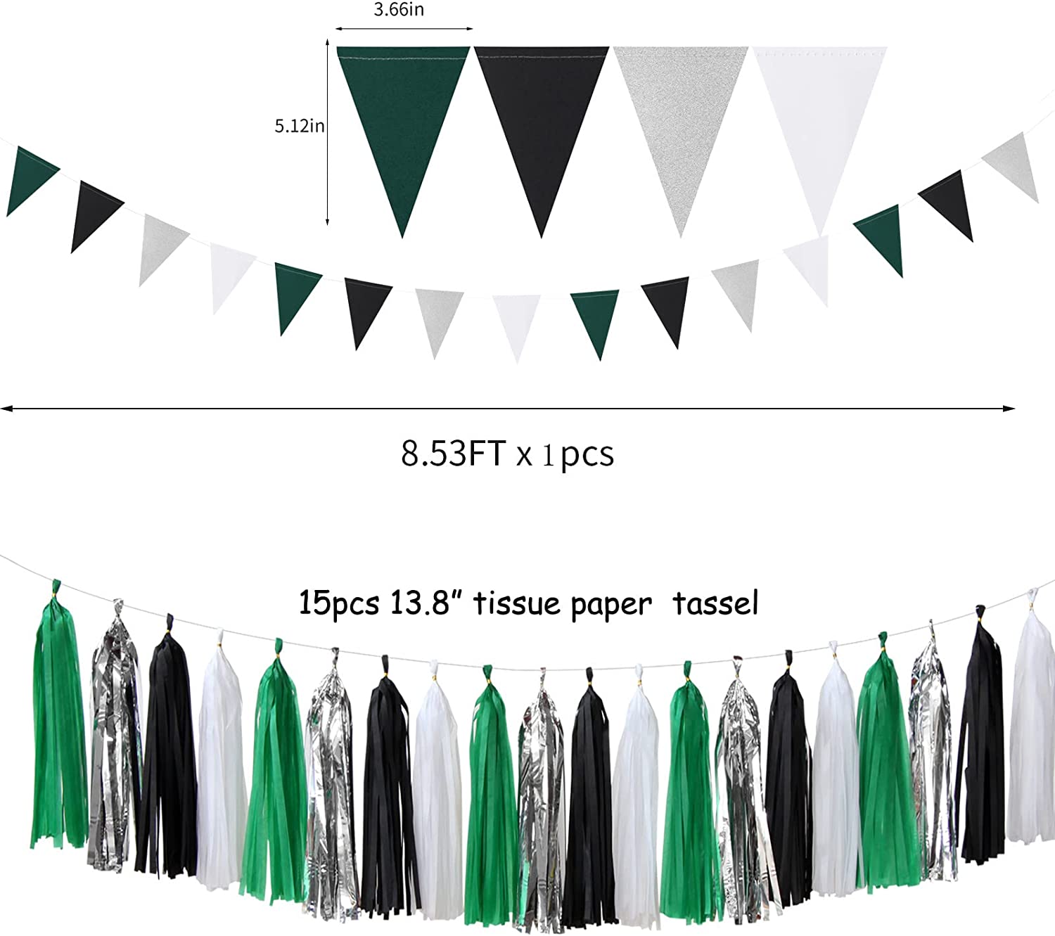 Black Green Silver Football Party-Decorations - 30pcs Soccer Graduation Streamers,Tissue Pom Poms,Tassel Garland Backdrop Men Boys Birthday Spring Sunmer Bunting Jungle theme Banner