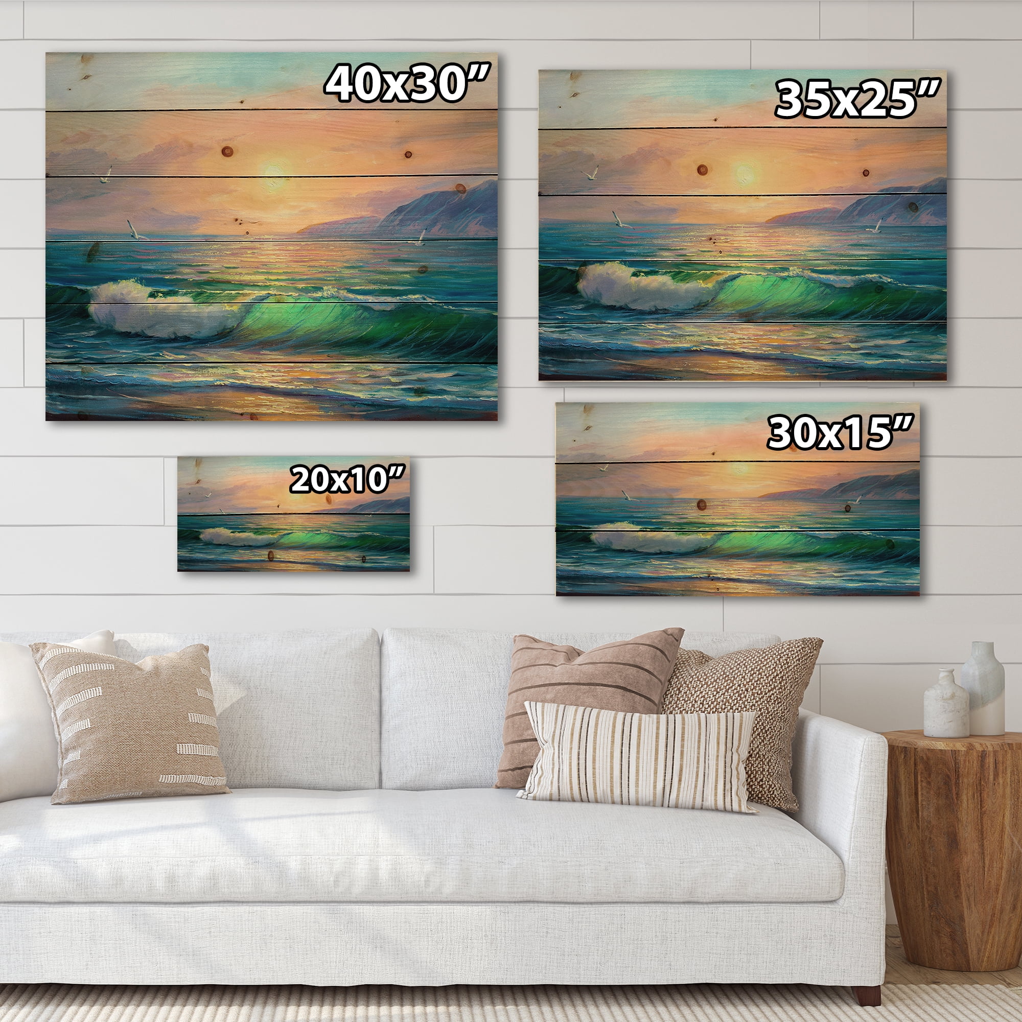 Designart 'Blue Waves Breaking At The Beach Landscape V' Nautical & Coastal Print on Natural Pine Wood