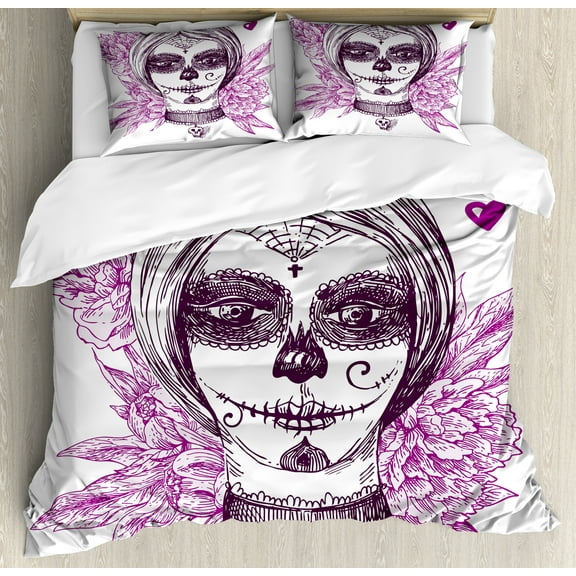 Ambesonne Gothic Duvet Cover Set, Vampire Skull Face, Queen, Violet Purple and White