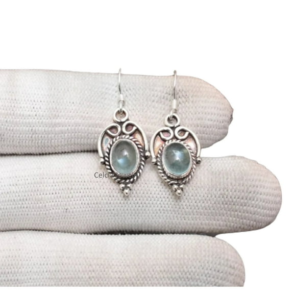 Solid 925 Sterling Silver Dangle Drop Earrings For Women, Genuine Aquamarine Oval Gemstone Amazing Handcrafted March Birthstone Earrings