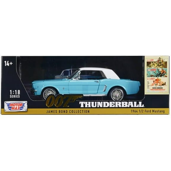 Motormax 79834JB 1964 1-2 Ford Mustang with Top James Bond 007 Thunderball 1965 Movie James Bond Collection Series 1-18 Scale Diecast Model Car, Light Blue & White