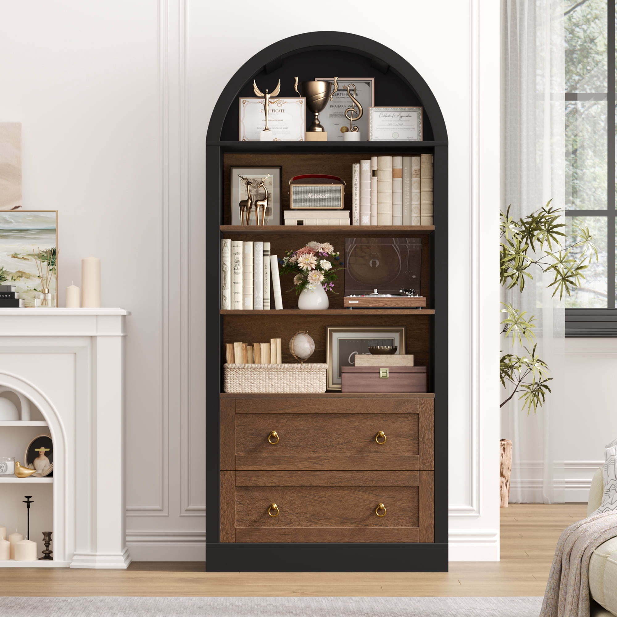 Hiphuta 70"Tall Arched Bookcase, 4-Tier Bookshelves with 2 Large Drawers, Wooden Display Shelf with Storage for Living Room Home Office, Black & Oak