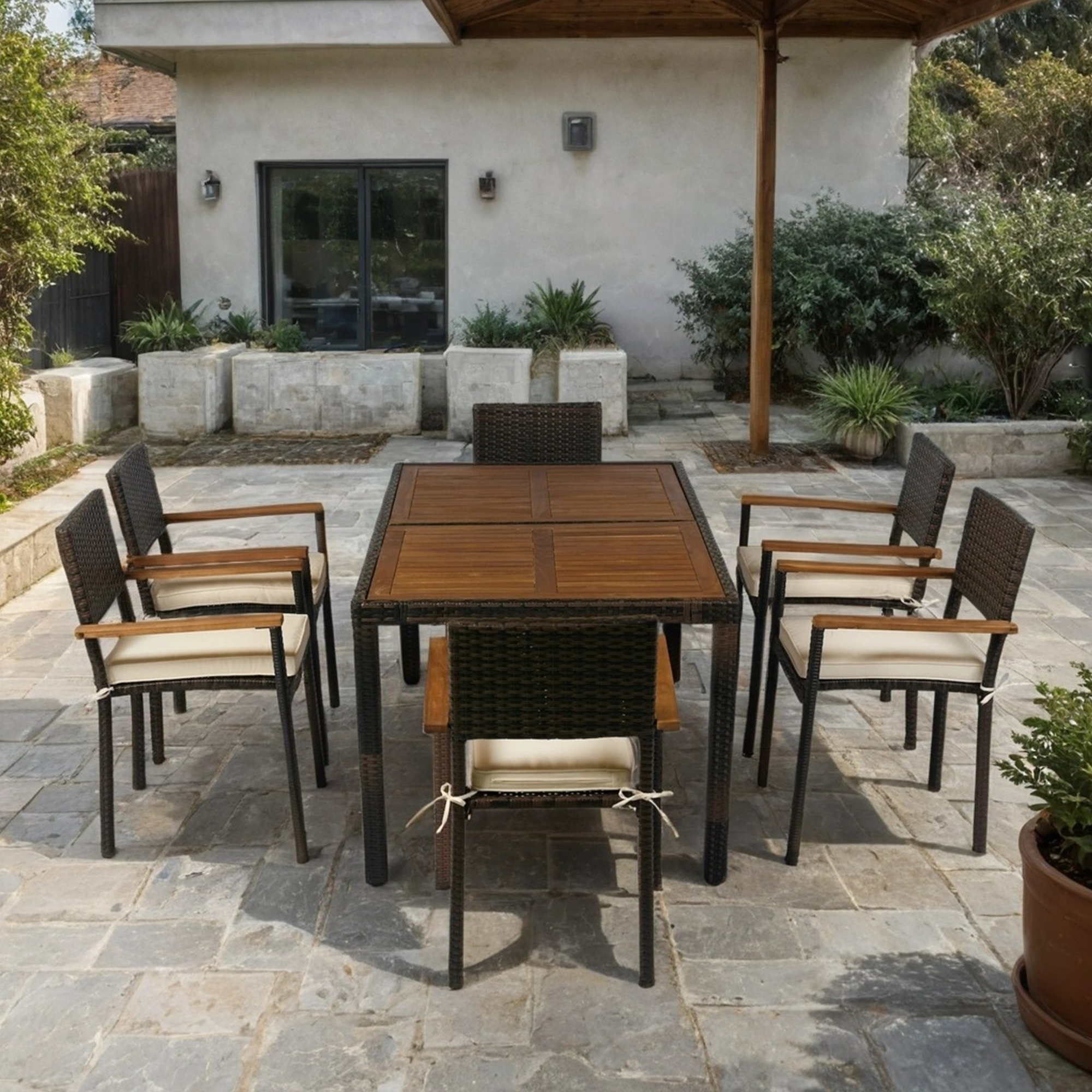 7 Pieces Patio Conversation Set,Outdoor Dining Set with Rectangular Table,Brown Wicker + Cream Cushion