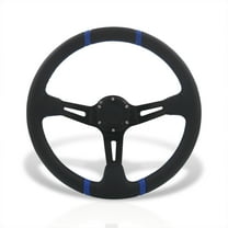 AJP Distributors Universal 350mm 14" 6-Bolt Hole Aluminum Light Weight Steering Wheel Black Carbon Fiber PVC Leather Blue Stitch Stripe 3 Deep Dish Spokes Horn Replacement JDM Sport