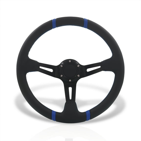 AJP Distributors Universal 350mm 14" 6-Bolt Hole Aluminum Light Weight Steering Wheel Black Carbon Fiber PVC Leather Blue Stitch Stripe 3 Deep Dish Spokes Horn Replacement JDM Sport