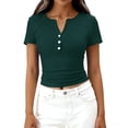 thumbnail image 5 of Lumtrix Womens Summer Short Sleeve Tops 2026 Spring Basic Tees V Neck Button Up Henley T-Shirts Sim Fitted Ribbed Blouses Dark Green M, 5 of 7