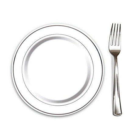 100 Heavyweight Elegant Plastic Disposable 7.5” Small Plates & 100 Silver Plastic Forks, Perfect for Salads, Desserts, Tapas, Appetizers, Hors d' oeuvres, Parties, Catering, Wedding