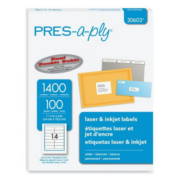 PRES-a-ply Labels, Laser Printers, 1.33 x 4, White, 14/Sheet, 100 Sheets/Box, Each