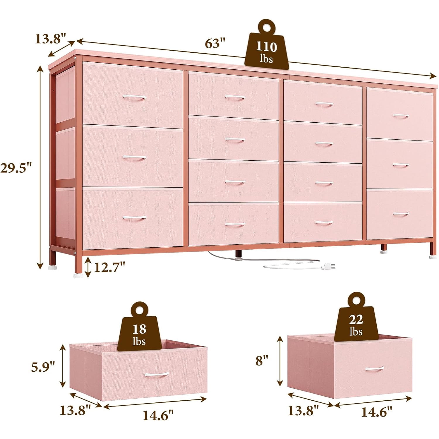 M optimized 63" Dresser for Bedroom, TV Stand for 65 70 75 inch TVs, 14 Drawer Dresser with Power Outlets, Large Long Fabric Dresser Entertainment Center