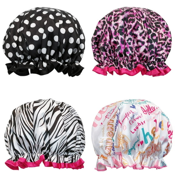 Wrapables® Stylish Double Layer Waterproof Shower Caps (Set of 4), Animal Print & Dots