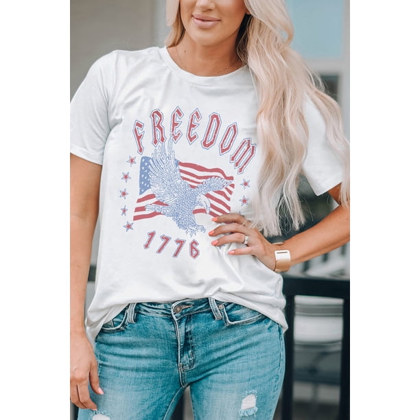 ABPHQTO Camiseta blanca con gráfico FREEDOM Eagle Flag Print 1776 para mujer