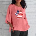 thumbnail image 2 of Blusa de lino con cuello redondo y mangas tres cuartos para mujer con estampado de bandera a la moda Pompotops FGAJ3081, 2 of 6