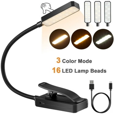 Anpro Rechargeable Book Light, 16 LED Easy Clip on Reading Lamp, 3 Color Temperature, Lightweight Clip on Reading Lights for Books in Bed, Black