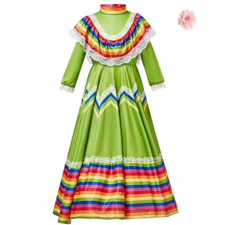 

Kids Child Girls Mexican Traditional Dress National Style Long Sleeve Dance Princess Dress With Headdress Flower Carnival Birthday Party Dress Girl Outfits