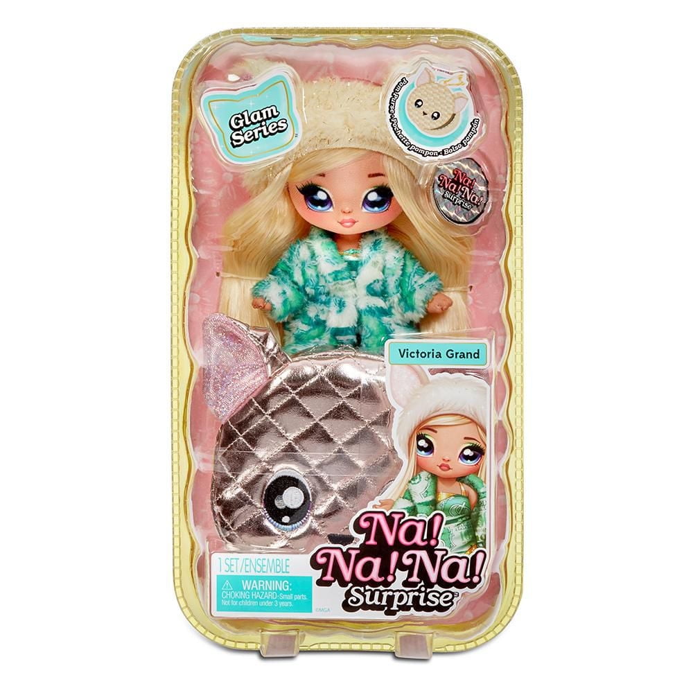 Na Na Na Surprise 2-in-1 Fashion Doll and Metallic Purse Glam Series - Victoria Grand, Blonde Doll in Green Dress and Dog Ear Hat with Chihuahua Purse