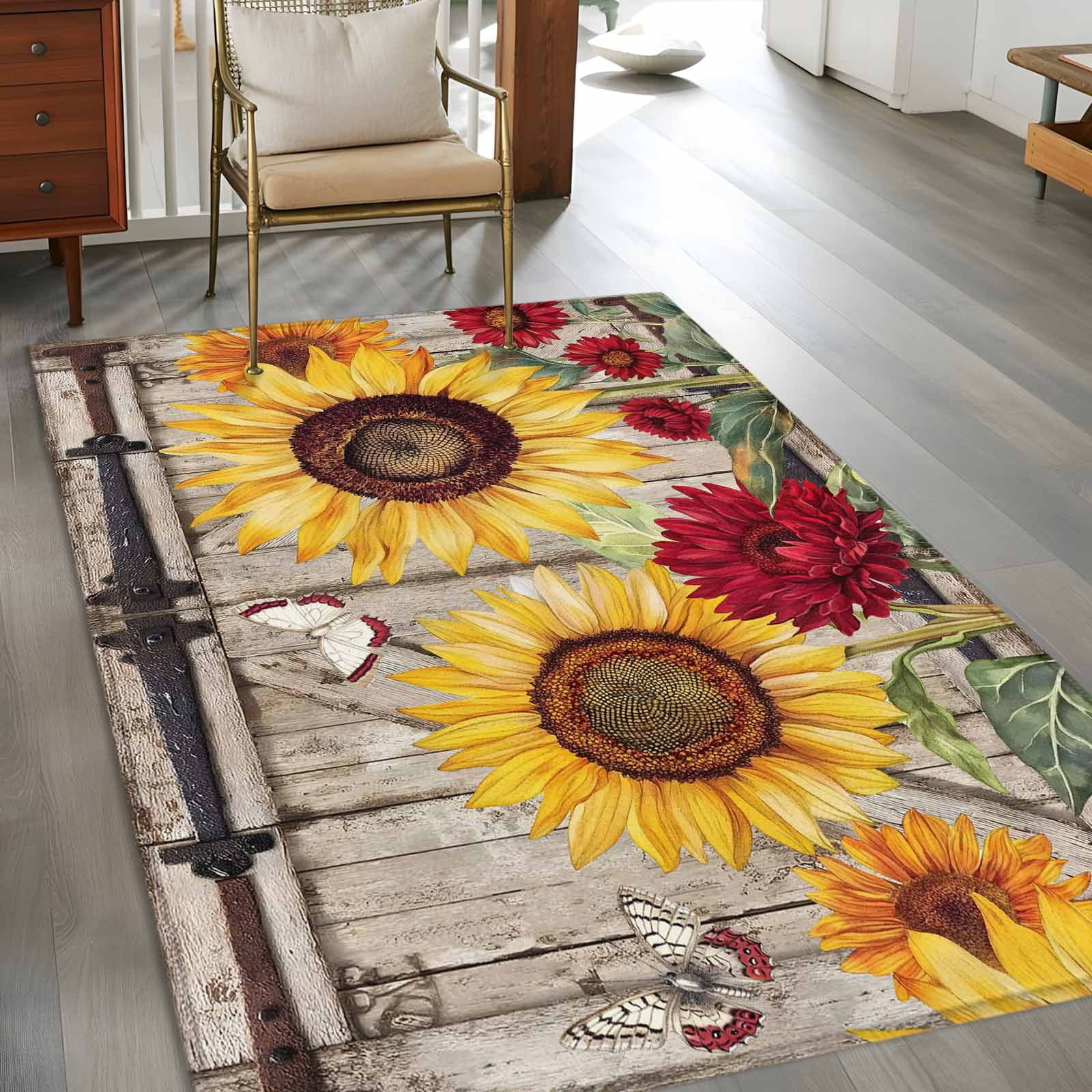 Rectangle Area Rugs 4 x 6 Ft, Sunflowers Non-Slip Residential Carpet, Retro Flower Barn Doors Butterfly Farmhouse Brown Indoor Crawling Mats Runner Rugs for Living Room/Dining Room/Bedroom