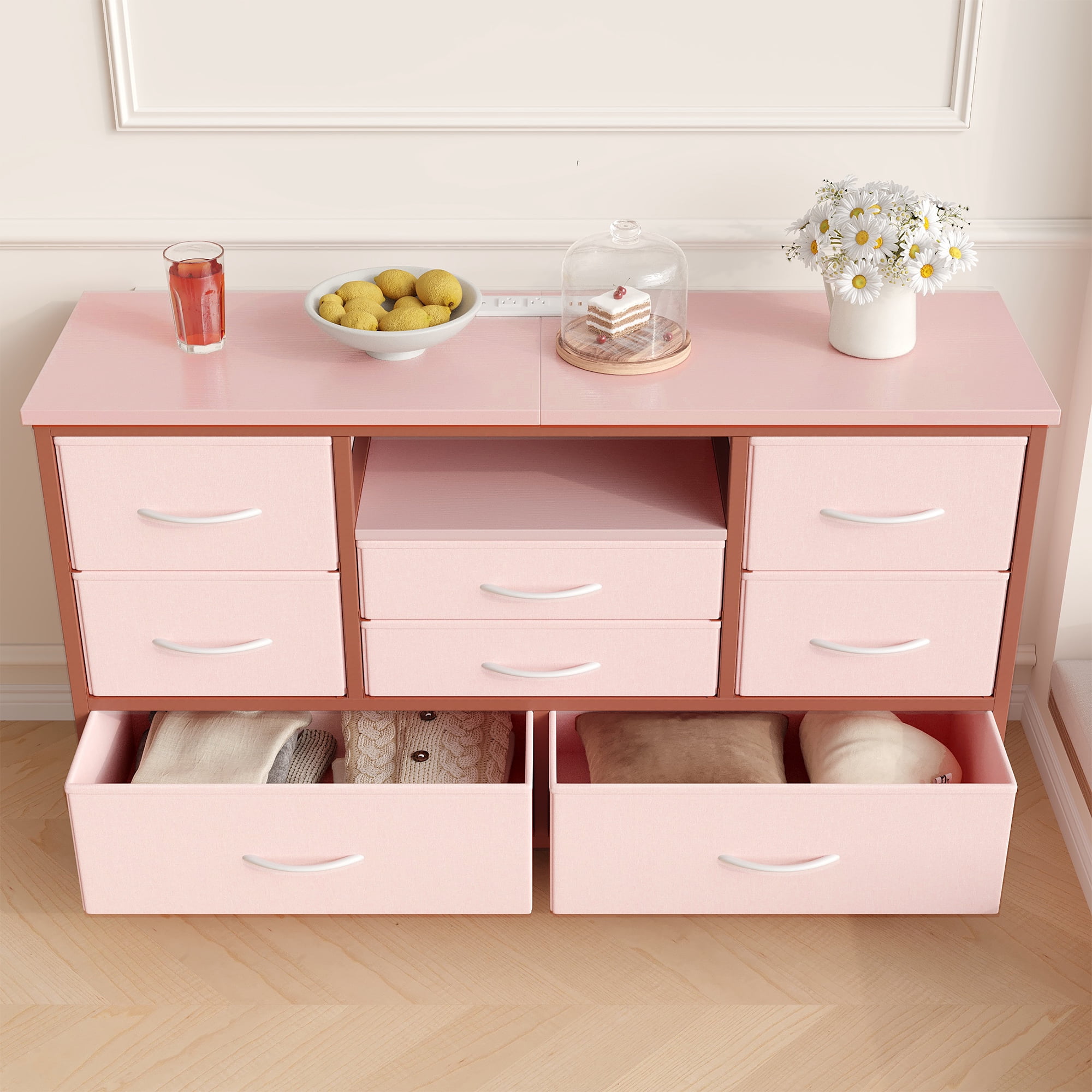 8 Dresser TV Stand with Power Outlet & LED for 55'' TV, Long Dresser for Bedroom with 8 Deep Drawers, Wide Console Table for Storage in Closet, Living Room, Entryway, Wood Top ,Pink