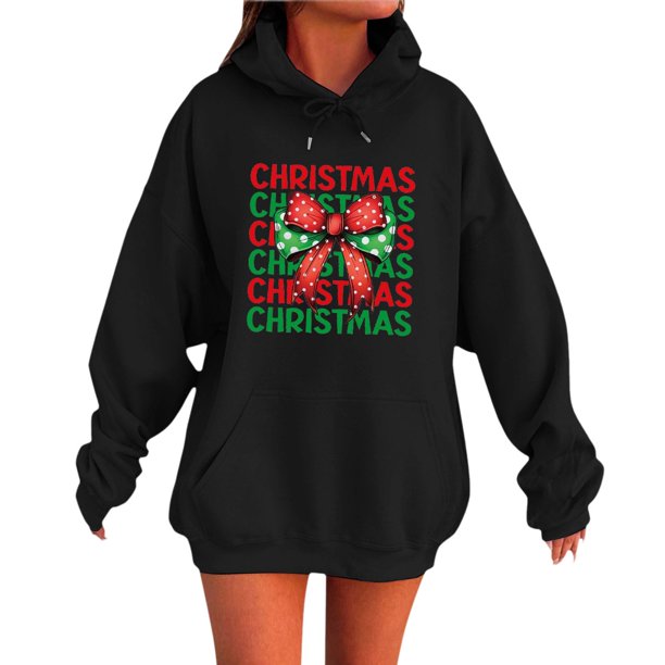WILLBEST Sudaderas Navideñas Oversize con Capucha para Mujer, Sudaderas de Invierno con Hombros Caídos, Cordón Ajustable y Bolsillo Chica