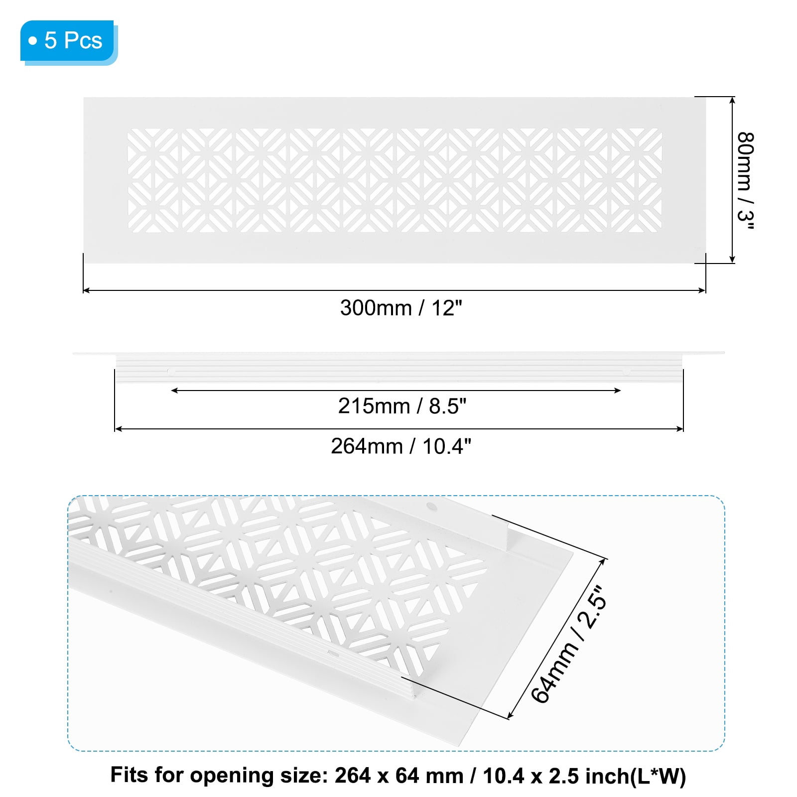 Uxcell 5 Set 12 x 3 Inch Door Air Vent Cover, Heavy Duty Aluminum Grille Ventilation Cover Louvered with Mounting Screws for Cabinet Wardrobe Door, White