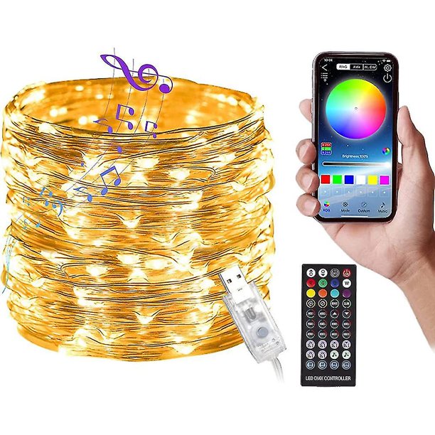 Luces de hadas enchufables, luces de hadas LED con luces parpadeantes que cambian de color Rgb con control remoto Bluetooth, luces de hadas de control de aplicaciones